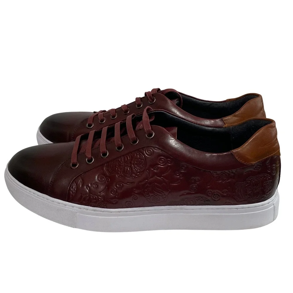 Robert‎ Graham Mens 10.5 Burgundy Embossed Skull Floral Leather Sneakers